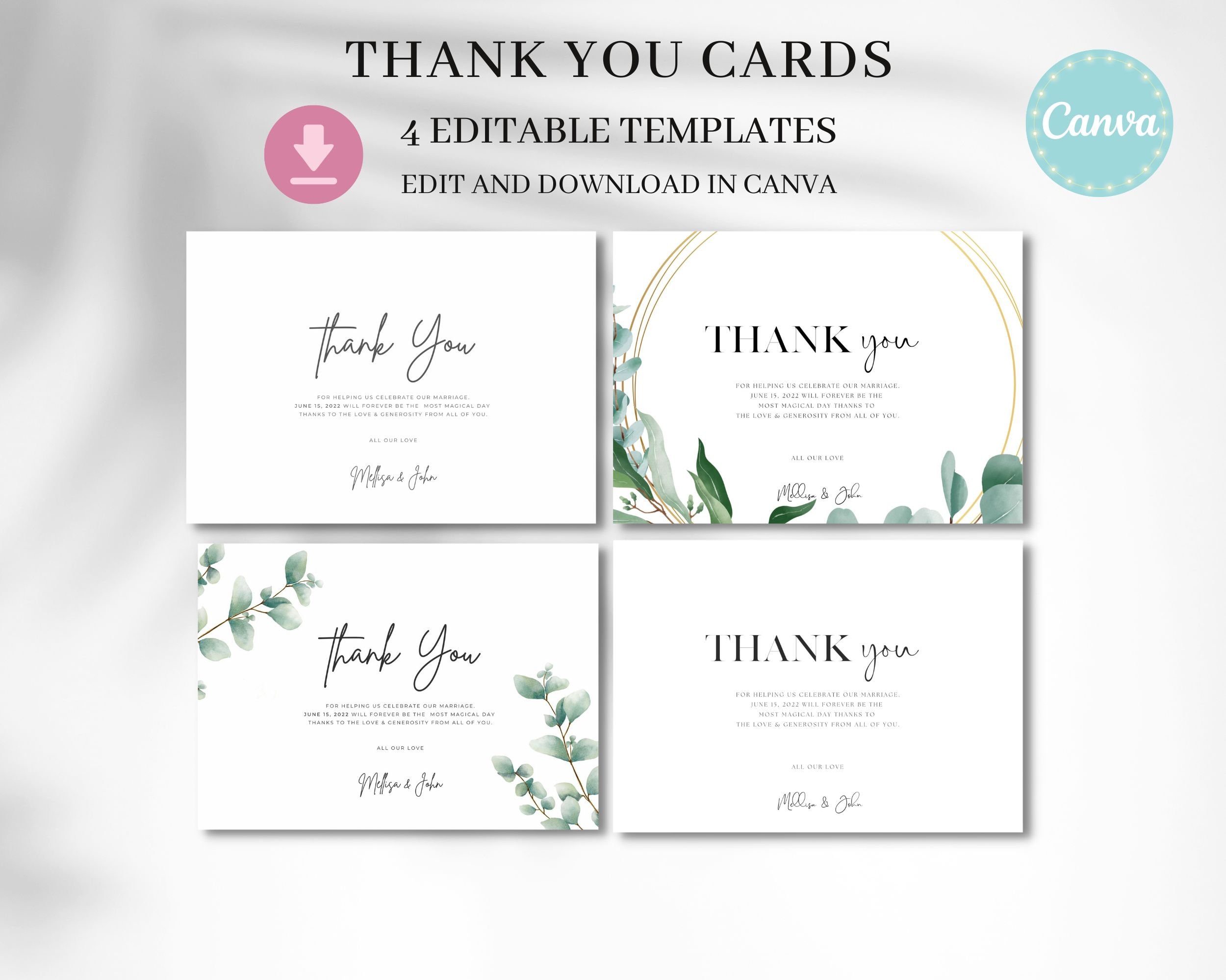4 Templates Thank You Card Template Wedding Printable Photo Thank You ...