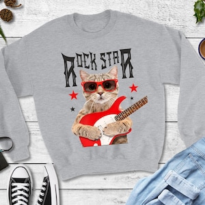 Rockstar Cat Sweat Shirt,Funny Animal T-shirt,Rocker Cat,Meow Guitarist Tshirts,Retro Rock Metal Short Sleeve,Guitar Lover Tee Gift Idea