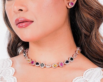 Multicolor Necklace LUXURY Statement Multi Gem Stone Jewelry Set DESIGNER Multi Color Necklace Moissanite Diamond Rainbow Cz WEDDING Gift