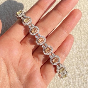 Pulsera de diamantes amarillos con declaración de tenis canario Pulsera de tenis con diamantes de moissanita Joyería de lujo DISEÑADOR Piedra de circonita amarilla clara Regalo de boda