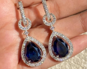 Sapphire Diamond Earrings ROYAL Blue Cubic Zirconia Blue Sapphire Statement Earring Teardrop Stone Cz LUXURY Moissanite Diamond WEDDING Gift