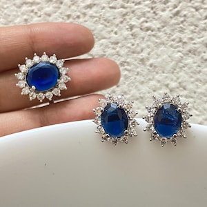 Sapphire Earrings LUXURY Princess Diana Inspired ROYAL Blue Sapphire Moissanite Diamond Oval Shape Sapphire Stone Small Studs Statement Gift