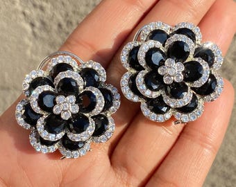 Black Diamond Earrings LUXURY Large Statement Studs Flower Shape Black Sapphire Jewelry DESIGNER Moissanite Diamond Black CZ Wedding Gift