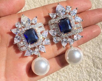 Sapphire Pearl Earrings LUXURY Statement ROYAL Blue Moissanite Diamond Sapphire Jewelry DESIGNER Pearl Drop Blue Sapphire Earring Cz Wedding