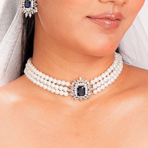 Sapphire Choker Pearl Diamond Necklace LUXURY Blue Stone Jewelry India Choker ROYAL Blue Sapphire Diamond Necklace DESIGNER Bride Wedding Cz