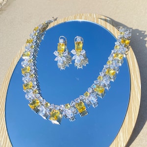 Canary Yellow CZ Diamond Necklace, White Rhodium Plated Bridal Jewelry