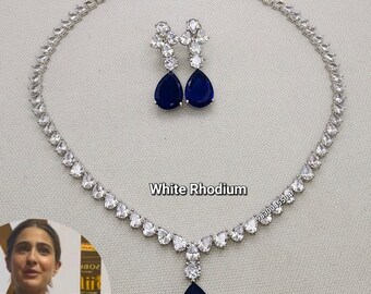 Sapphire Diamond Necklace Blue American Diamond Jewelry Set Sapphire Bridal Wedding Set Blue Sapphire Stone Necklace Sapphire Pendant CZ