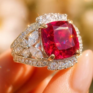 Ruby Diamond Ring Statement Large Stone Red Sapphire Jewelry Cubic Zirconia Moissanite CZ WEDDING