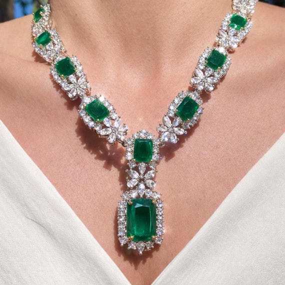 Emerald Necklace Green American Diamond Statement Bride LUXURY CZ Moissanite Emerald Jewelry Set WEDDING