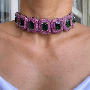 Pink Necklace LUXURY Ruby Emerald Choker DESIGNER Ruby Pink Sapphire Jewelry Emerald Ruby Diamond Necklace Green Pink Cz Bride WEDDING Gift
