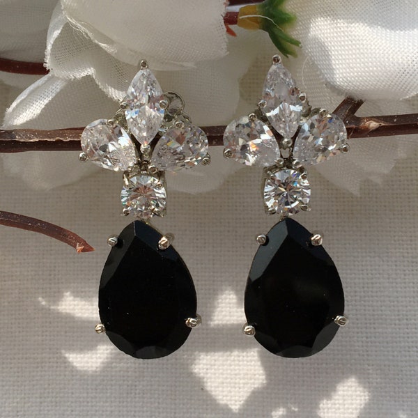 Black Diamond Earrings Crystal Drop Earrings Black Wedding Earrings Faux Diamond Moissanite Chandelier Earrings Black Statement Earrings CZ