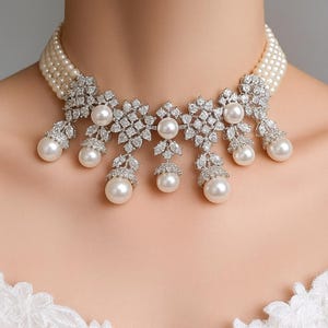 Pearl Diamond Necklace PREMIUM Choker Statement Moissanite Diamond Pearl Choker Necklace Set DESIGNER Replica Cz Pearl Bride WEDDING Gift