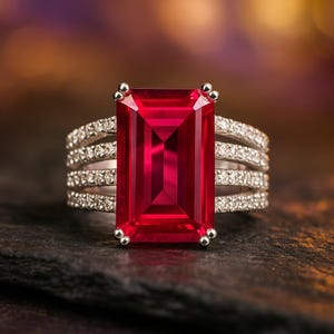 以下が含まれることがあります： 大きな長方形の深い赤色の宝石を中央に配した印象的なリング。バンドはシルバー色で、小さな輝く石が複数列並んでいます。リングは暗く質感のある表面に置かれています。