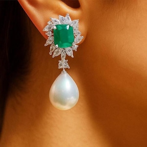 Emerald Pearl Earrings LUXURY Cz Green Diamond Statement DESIGNER Green Emerald Diamond Pearl Drop Earring Pearl Bride Emerald WEDDING Gift