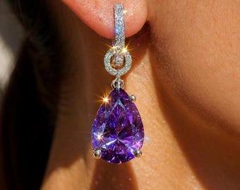 Purple sapphire Earrings LUXURY Statement Hoop Dangle earrings Amethyst Diamond Jewelry Cubic Zirconia Huggies Hangings