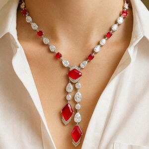Ruby Diamond Necklace LUXURY Red Stone Statement Necklace DESIGNER Replica American Diamond Moissanite Red Ruby Jewelry Set Bride WEDDING
