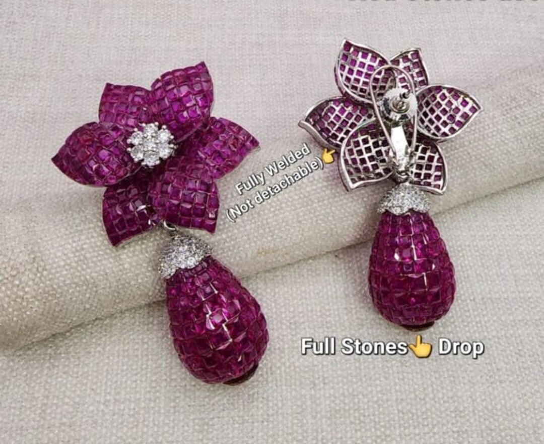 Ruby Earrings Invisible Setting Flower Ruby Pink Earrings Dangle Drop ...