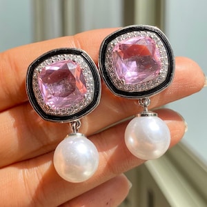 Pink Diamond Earrings LUXURY Pearl Drop Bride Statement Pink Stone Jewelry Moissanite Diamond Pearl DESIGNER Pink Dangle Cz WEDDING Gift