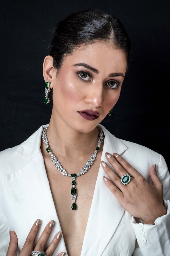 Emerald Jewelry Green American Diamond Necklace Set Green Emerald