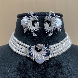 Sapphire Pearl Necklace Princess DIANA Inspired Statement Choker DESIGNER Blue Sapphire Diamond Necklace Pearl Choker Set Bride WEDDING Gift