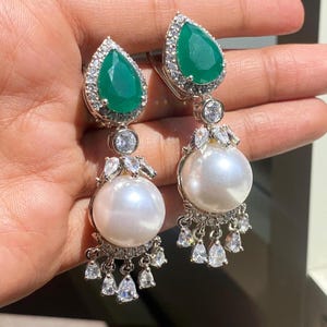 Emerald Pearl Earrings LUXURY Statement Dangle green Emerald Diamond Earrings DESIGNER Pearl Drop Emerald Earrings Cz Bride WEDDING Gift