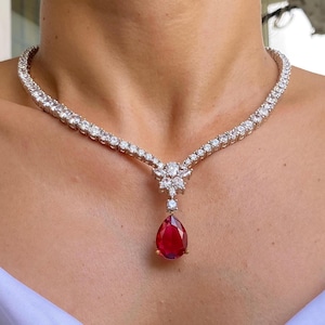 Ruby Diamond Necklace LUXURY Statement Red Stone Jewelry DESIGNER Long Red Sapphire Ruby Necklace Red Ruby Pendant Set Cz Bride WEDDING Gift