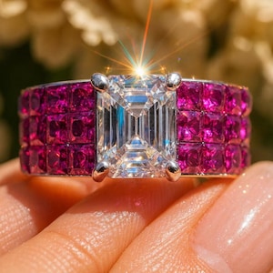 May include: A striking ring with a large, rectangular, clear gemstone at its centre, surrounded by rows of small, square, magenta-coloured stones. The ring has a gold band and silver accents, creating a luxurious appearance.