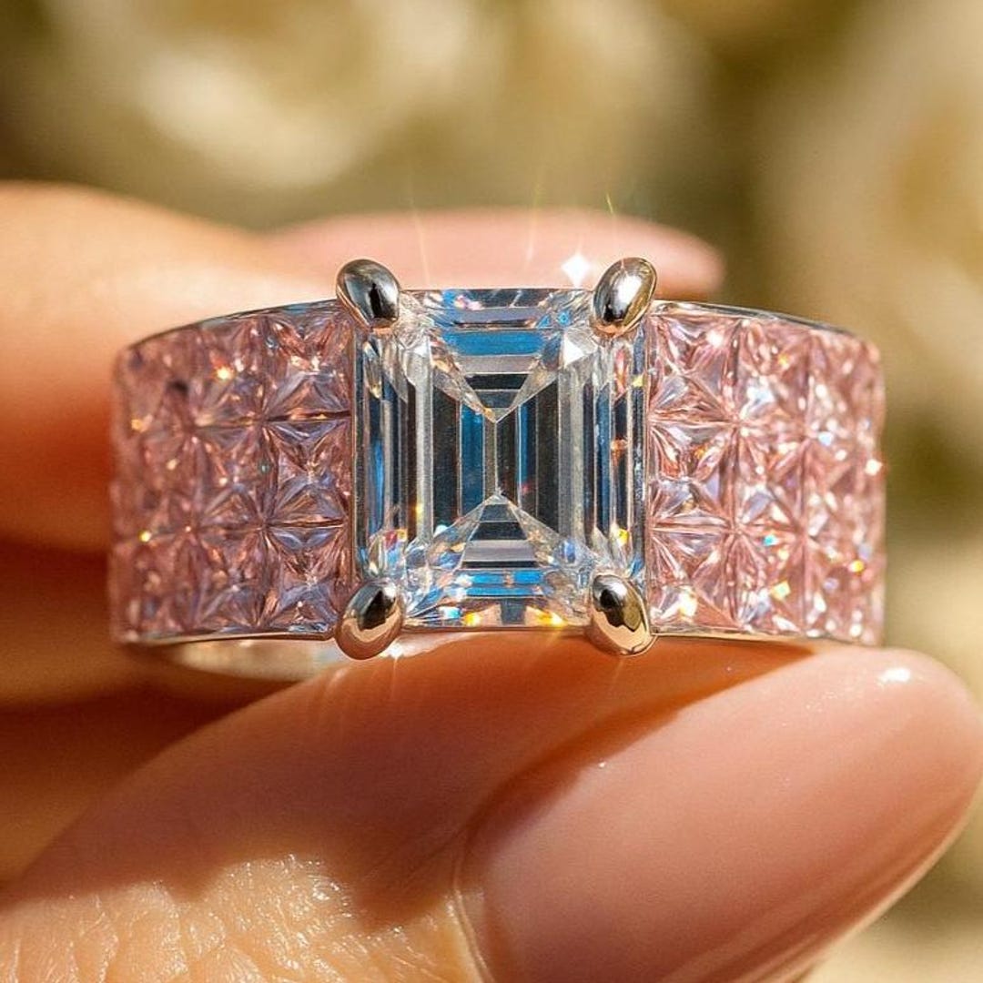Single Line Invisible Setting Ring Pink Diamond Ring Statement Wide Band Invisible Setting CZ Moissanite ...