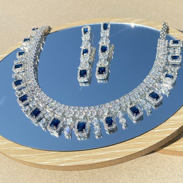 Sapphire Necklace Set American Diamond Necklace Blue Sapphire Jewelry Set Bridal Wedding Necklace CZ Sets India Jewelry