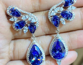 Blue sapphire earrings diamond dangle drop LUXURY Moissanite Dangle earrings Diamonds Purple Amethyst  Stone Jewelry CZ WEDDING Gift