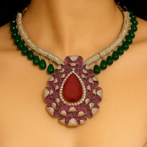 Emerald Ruby Necklace LUXURY Green Diamond Necklace Statement Cz Pink Ruby Diamond Set  DESIGNER Replica Ruby Emerald Necklace WEDDING Gift