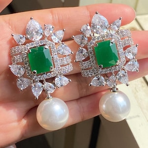 Emerald Pearl Earrings LUXURY Cz Green Diamond Statement Green Emerald Diamond Pearl Drop Earring PREMIUM Pearl Bride Emerald WEDDING Gift