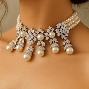 Pearl Diamond Necklace LUXURY Choker Statement Moissanite Diamond Pearl Choker Necklace Set Moissanite Diamond CZ Pearl Bride WEDDING Gift