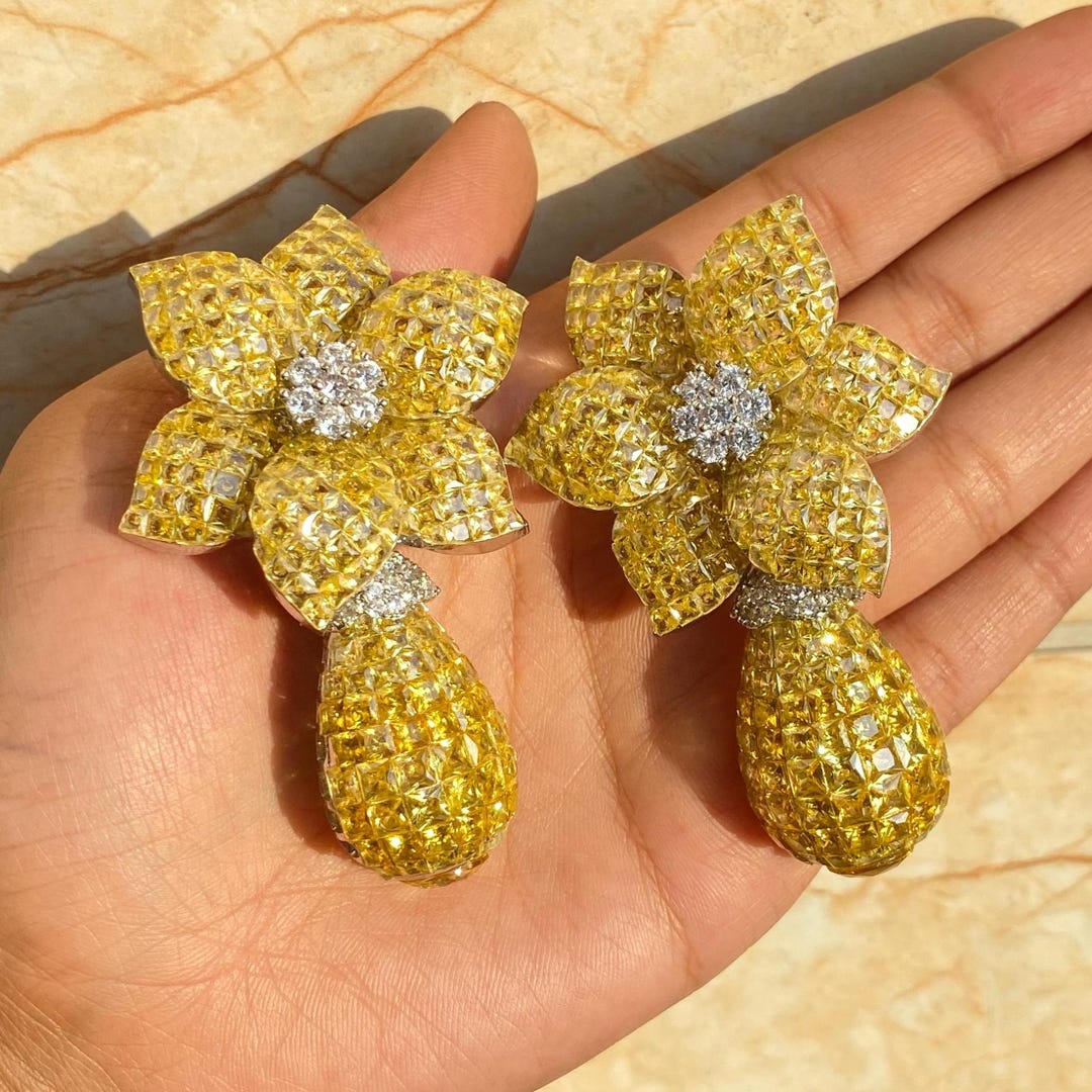 Yellow Diamond Earring LUXURY Invisible Setting CZ Statement Canary ...