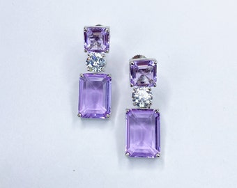 Boucles d'oreilles violettes Boucles d'oreilles longues diamants américains Boucles d'oreilles en pierre violettes Mariage Boucles d'oreilles diamant violets Déclaration CZ