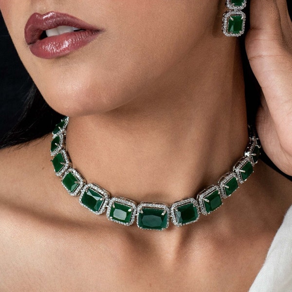 Emerald Choker Green Diamond Necklace Emerald Jewelry Set Faux Emerald Tennis Necklace Statement Green Emerald Diamond Necklace CZ Sets