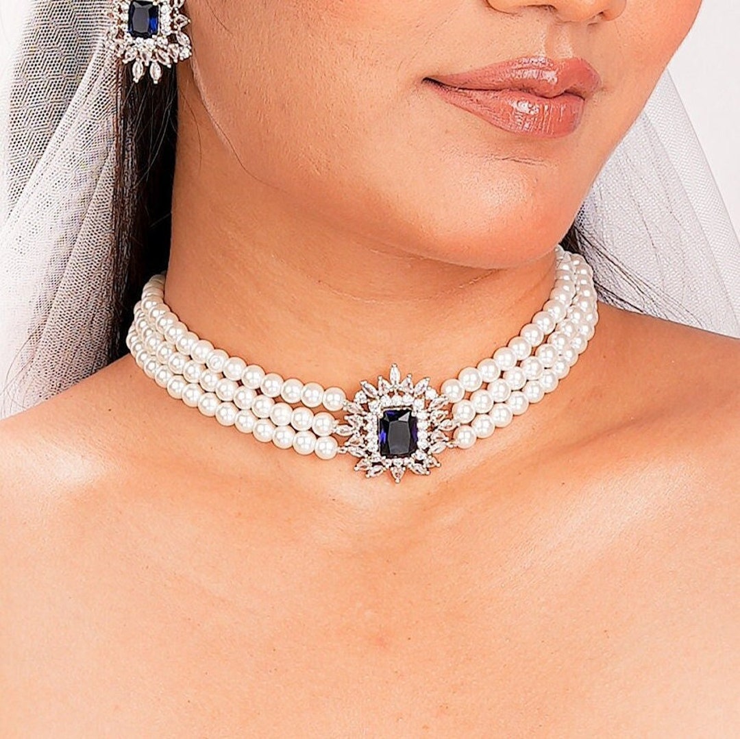 Sapphire Choker Pearl Diamond Necklace LUXURY Blue Stone Jewelry