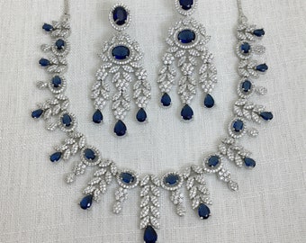 Sapphire Necklace Set Blue American Diamond Necklace Blue Sapphire Stone Necklace Bridal Wedding Necklace India Diamond Jewelry CZ Sets