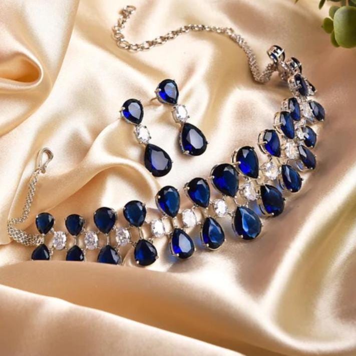 Sapphire Choker Necklace LUXURY Blue American Diamond ROYAL Blue Sapphire Diamond Necklace Statement Tennis Choker Set CZ Sapphire Wedding