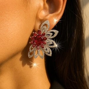 Brincos de rubi, brincos grandes em formato de flor, brincos marcantes com zircônias cúbicas e diamantes, joias de safira vermelha, joias de luxo, presente perfeito para ela.