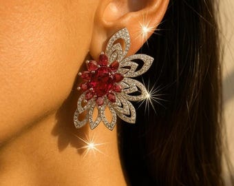 Ruby Earrings Large flower earrings Statement CZ Diamond Studs Red Sapphire Stone Jewelry LUXURY Half flower shape gift for her
