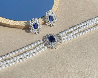 Pearl Sapphire Choker Set Blue Diamond Sapphire Necklace American Diamond Blue Sapphire And Pearl Necklace Pearl Choker Sapphire Set CZ