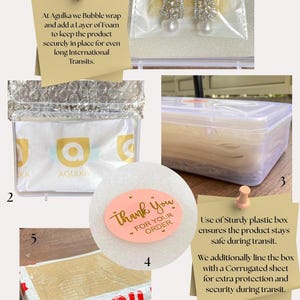 以下が含まれることがあります： 小包の梱包手順を示す画像。気泡緩衝材、フォーム、頑丈なプラスチックボックス、保護用の段ボールシートが含まれています。「Thank You」ピンクステッカーと「Fragile」ラベルが特徴です。