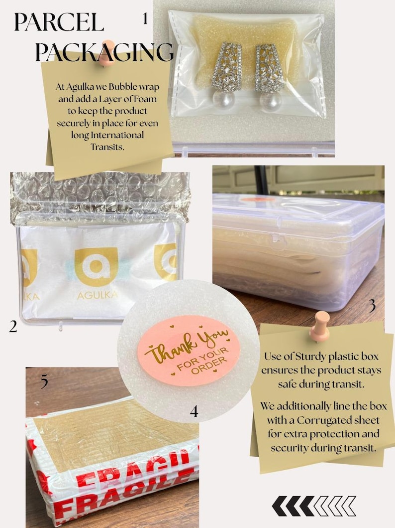 以下が含まれることがあります： 小包の梱包手順を示す画像。気泡緩衝材、フォーム、頑丈なプラスチックボックス、保護用の段ボールシートが含まれています。「Thank You」ピンクステッカーと「Fragile」ラベルが特徴です。