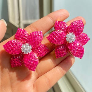 Pink flower earrings Invisible Setting LUXURY Ruby Diamond Large Pink Statement Studs Pink Sapphire Invisible Set CZ gift for her