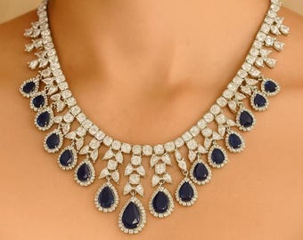 Sapphire Diamond Necklace LUXURY Blue American Diamond DESIGNER Blue Sapphire Statement Necklace Cz Moissanite Sapphire Bride WEDDING Gift