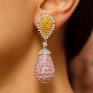 Yellow Pink Diamond Earrings LUXURY Statement Invisible Setting Diamond Yellow Stone Jewelry Long Pink CZ Earrings DESIGNER  Invisible Set