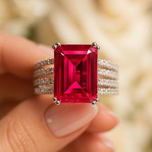 以下が含まれることがあります： 大きな長方形の鮮やかな赤い宝石を特徴とするリングのクローズアップ。リングは、小さな輝く石が複数列並んだシルバーバンドです。宝石は4つの小さなシルバーアクセントでセットされています。