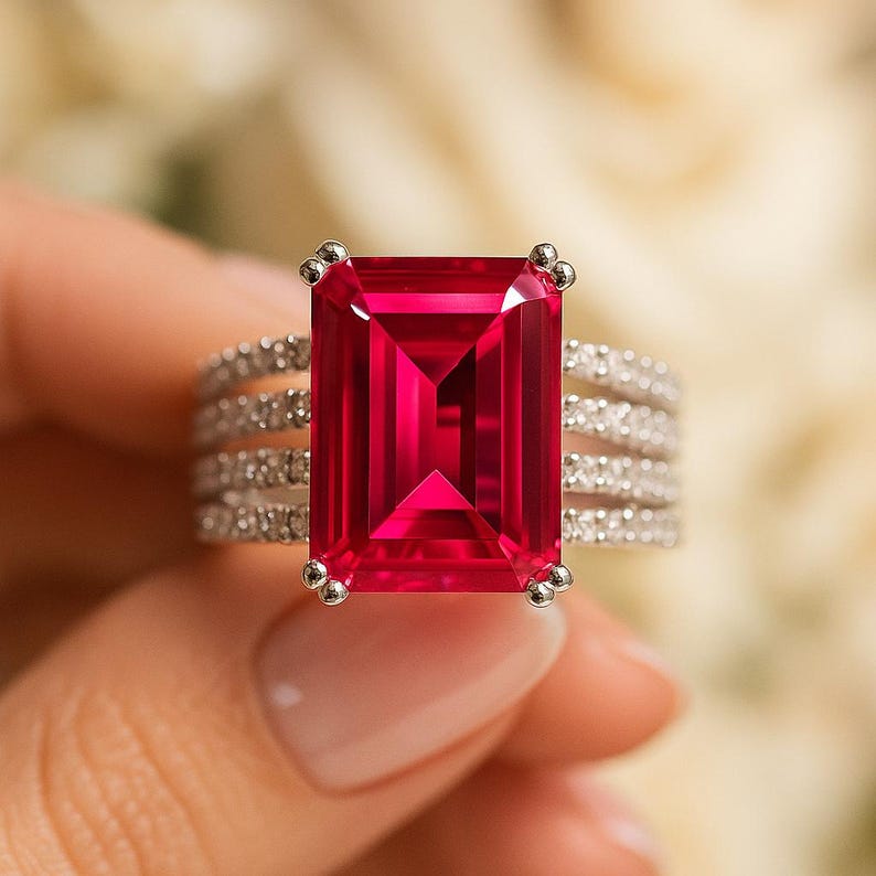 以下が含まれることがあります： 大きな長方形の鮮やかな赤い宝石を特徴とするリングのクローズアップ。リングは、小さな輝く石が複数列並んだシルバーバンドです。宝石は4つの小さなシルバーアクセントでセットされています。