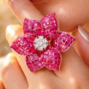 Large Ruby Ring Invisible Setting CZ Diamond Statement Cocktail Flower Pink Sapphire Gold Plated